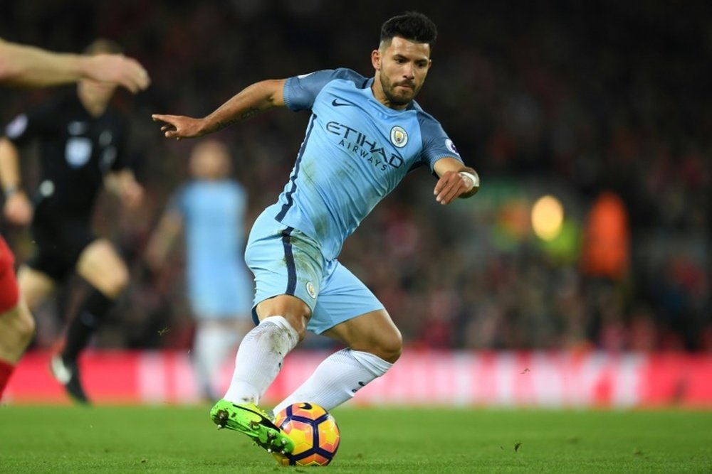 Manchester City's striker Sergio Aguero turns with the ball during the English Premier League football match between Liverpool and Manchester City at Anfield in Liverpool, north west England on December 31, 2016