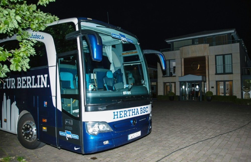 The Hertha Berlin team bus is pictured on August 9, 2015 in Bielefeld, Germany