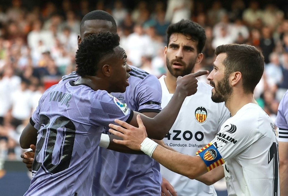 Vinicius Junior pointed to spectators after being racially abused against Valencia. AFP