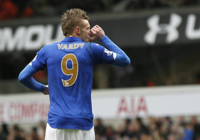 Leicester Citys English striker Jamie Vardy celebrates scoring a goal during the English Premier League football match between Tottenham Hotspur and Leicester City in London on March 21, 2015