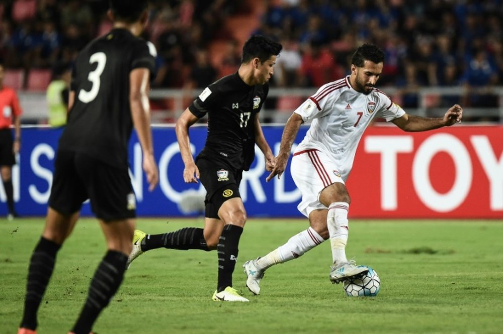 UAE forward Ali Mabkhout was on target as his coutry drew 1-1 with Thailand. AFP