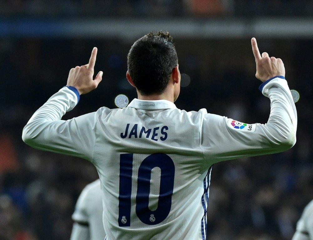 James Rodriguez celebrating after scoring his second goal on Wednesday. AFP
