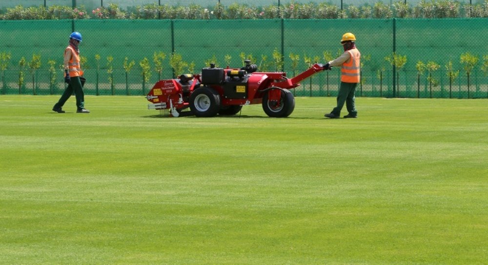 Workers mow grass being grown at a research and development centre ahead of the World Cup in Doha, on April 26, 2016