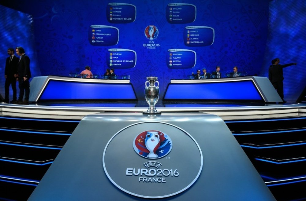 All the groups are displayed behind the trophy of the UEFA Euro 2016 football tournament after the final draw in Paris on December 12, 2015