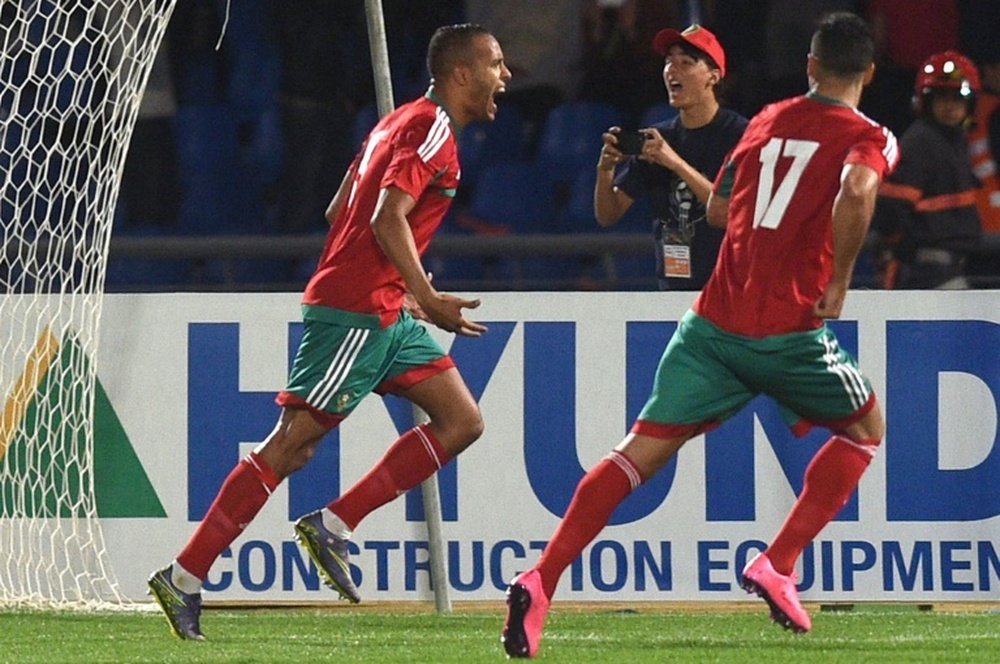 Moroccos El Arrabi Youssef (L) celebrates after scoring a goal during the African Cup of Nations qualifiying football match against Cape Verde, on March 29, 2016