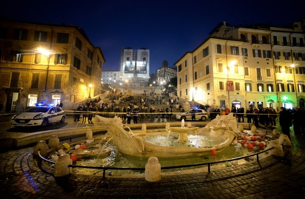 The Barcaccia (Sunken Boat) fountain after it was damaged by Feyenoord fans who clashed with police at Romes Spanish Steps on February 19, 2015