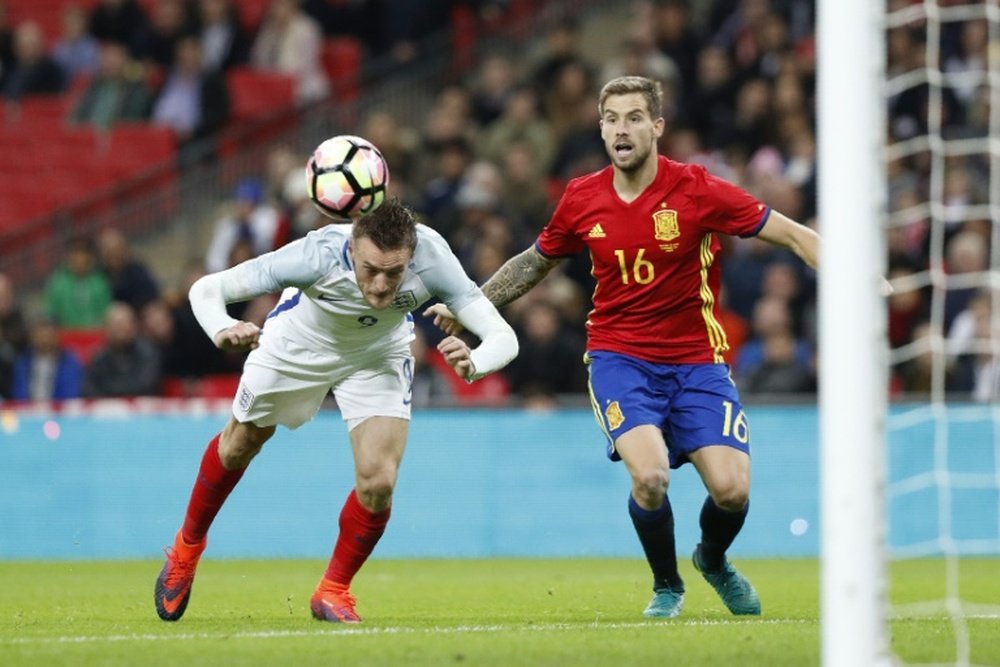 Vardy fue uno de los anotadores del último choque entre ingleses y españoles en Wembley. AFP
