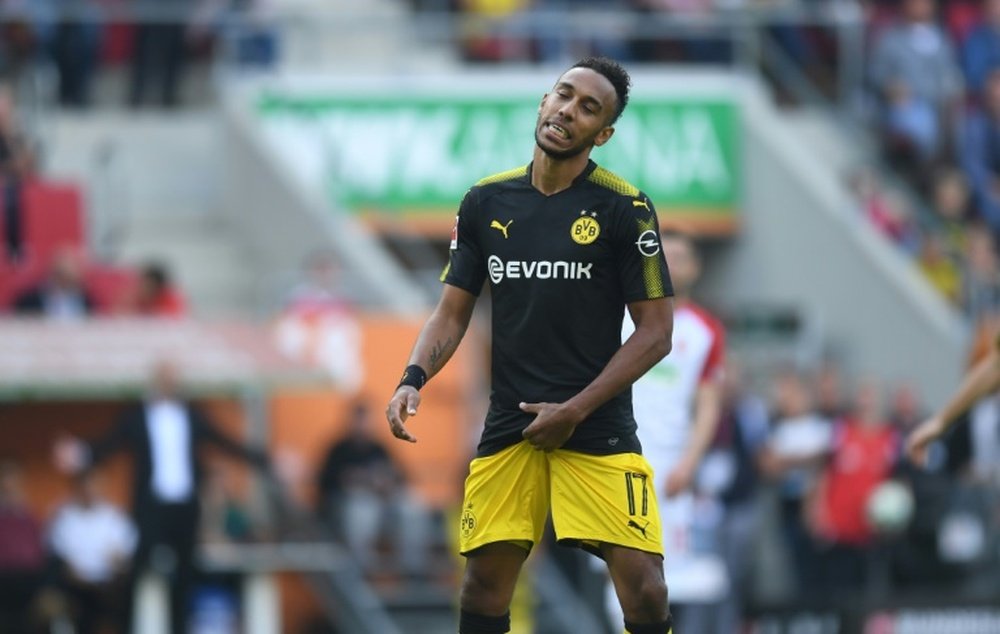 Aubameyang reacts to his penalty miss. AFP