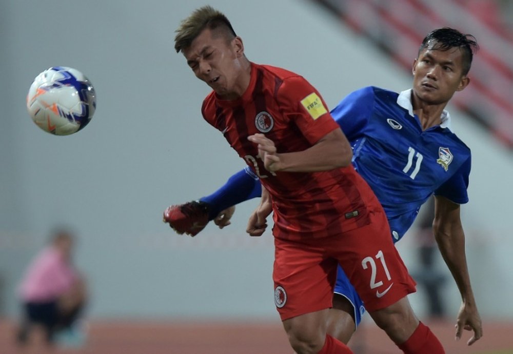 Hong Kongs Kwok Kin Pong (L) fights for the ball with Thailands Mongkol Thosakrai during a friendly match in Bangkok, on October 9, 2015