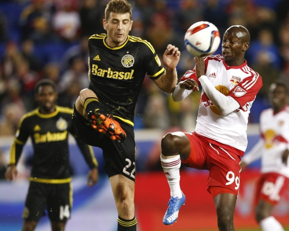 Bradley Wright-Phillips (R) of New York Red Bulls fights for the ball with Gaston Sauro of the Columbus Crew during their MLS match at Red Bull Arena in Harrison, New Jersey, on November 29, 2015