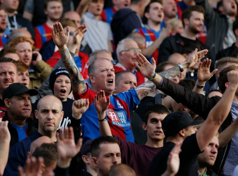 A Crystal Palace supporter sings during a match in London on October 3, 2015