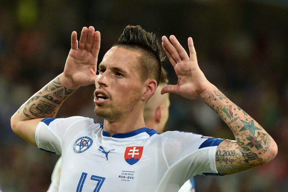 Slovakia midfielder Marek Hamsik celebrates after scoring against Russia. BeSoccer