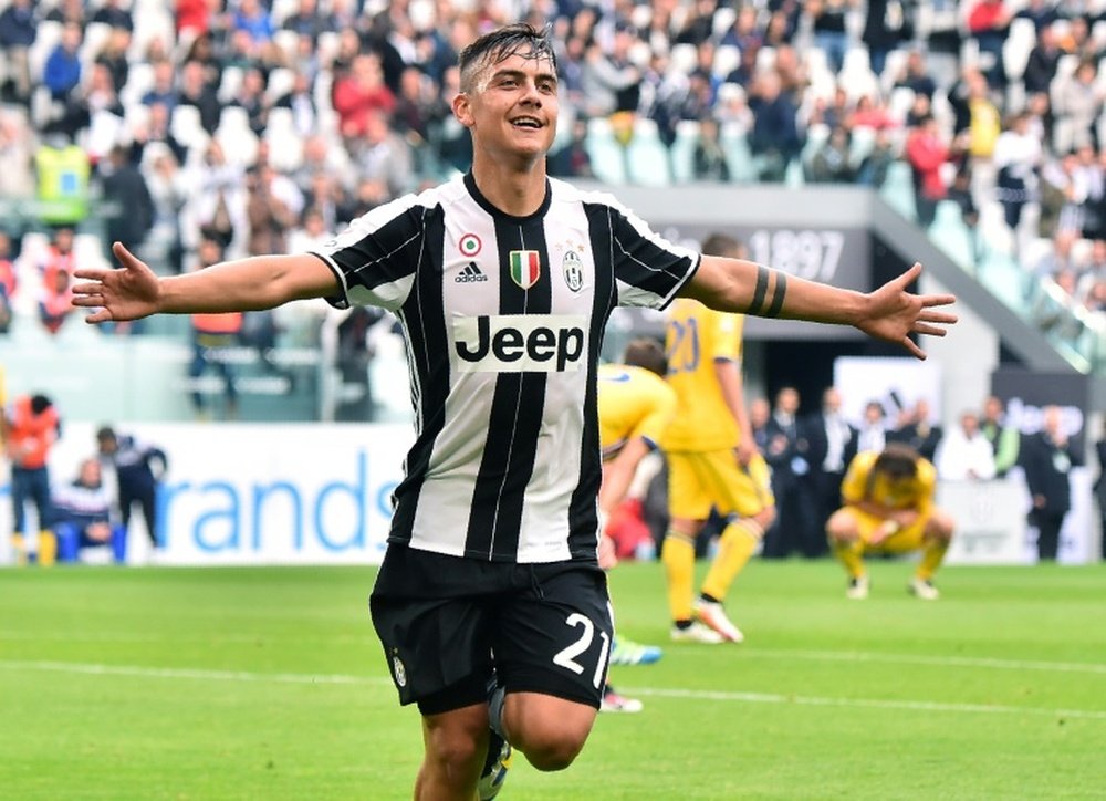 Juventus forward from Argentina Paulo Dybala celebrates a goal during the Italian Serie A football match Juventus vs Sampdoria on May 14, 2016 at the Juventus Stadium in Turin