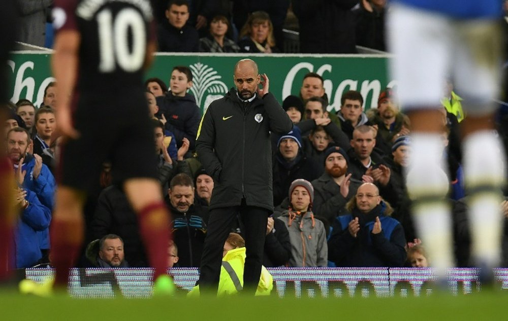 Manchester City manager Pep Guardiola during his team's 4-0 loss at Goodison Park. AFP