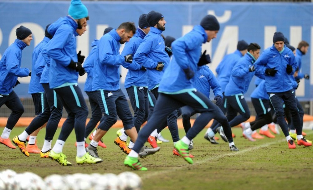 Zenit players take part in a training session on March 8, 2016 in St. Petersburg