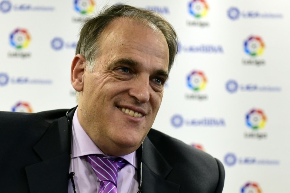 Spanish League Football President President Javier Tebas speaks during an interview with AFP in Madrid on November 17, 2015