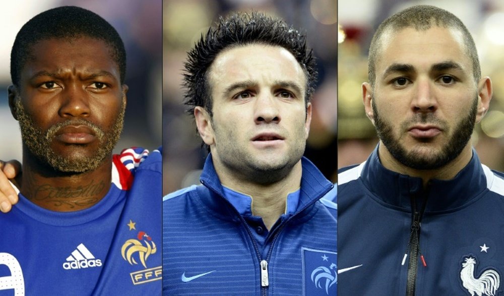 L-R: France's Djibrill Cisse, Mathieu Valbuena and Karim Benzema. AFP