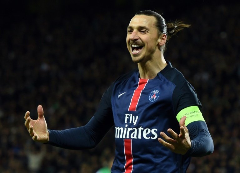 Paris Saint-Germain forward Zlatan Ibrahimovic celebrates after scoring against Saint-Etienne on January 31, 2016