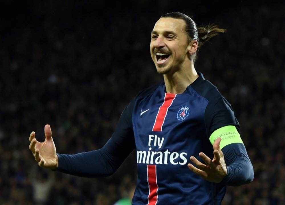 Paris Saint-Germain forward Zlatan Ibrahimovic celebrates after scoring against Saint-Etienne on January 31, 2016