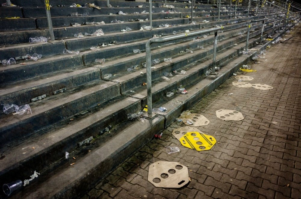 Borussia Dortmunds South Stand on February 8, 2017 after a match against Hertha Berlin. AFP