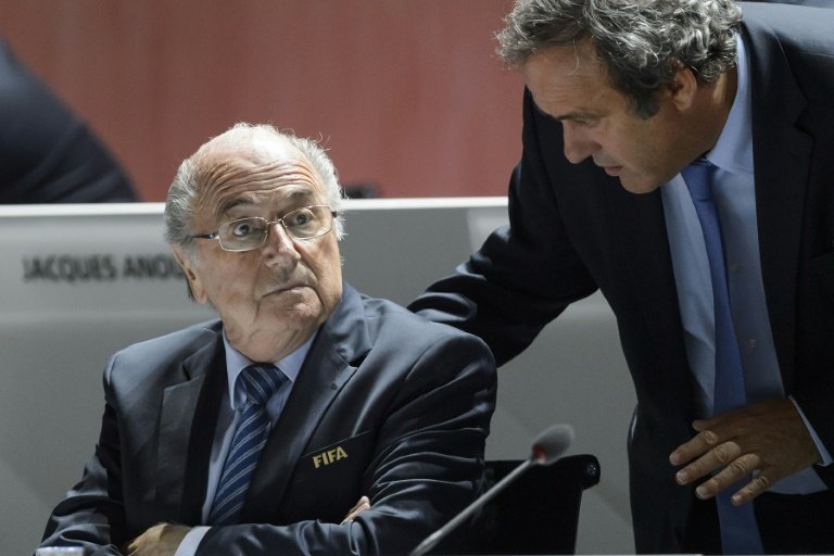 Sepp Blatter (L) pictured with UEFA President Michel Platini in May when Blatter was re-elected president of FIFA for a fifth term