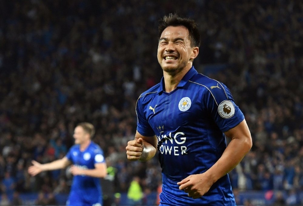 Leicester Citys Japanese striker Shinji Okazaki celebrates after scoring a goal. AFP