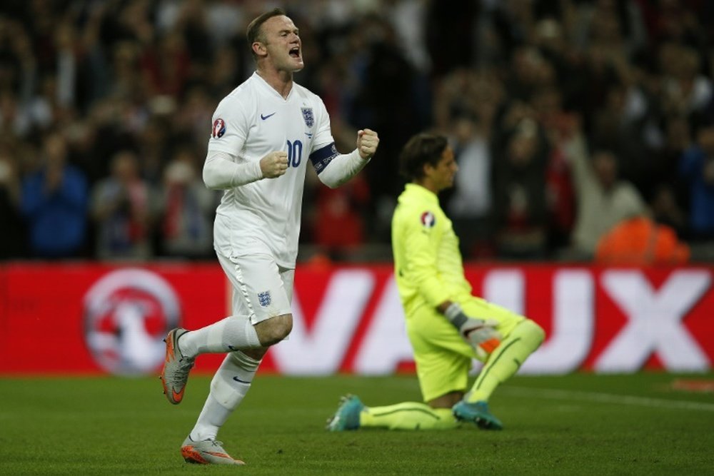 Wayne Rooney celebrates after becoming Englands all-time goal scorer, during the Euro 2016 qualifying match against Switzerland at Wembley Stadium, on September 8, 2015