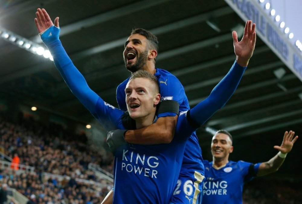 Leicester Citys Jamie Vardy (front) celebrates with teammates after scoring a goal during an English Premier League match at Newcastle