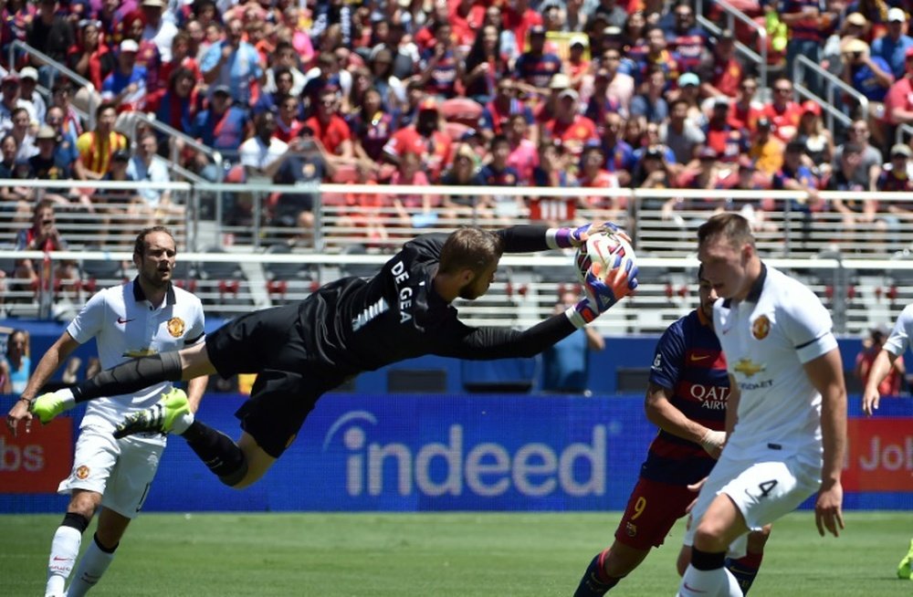 David De Gea of Manchester United makes a diving save during the International Champions Cup match against Barcelona in Santa Clara, California on July 25, 2015