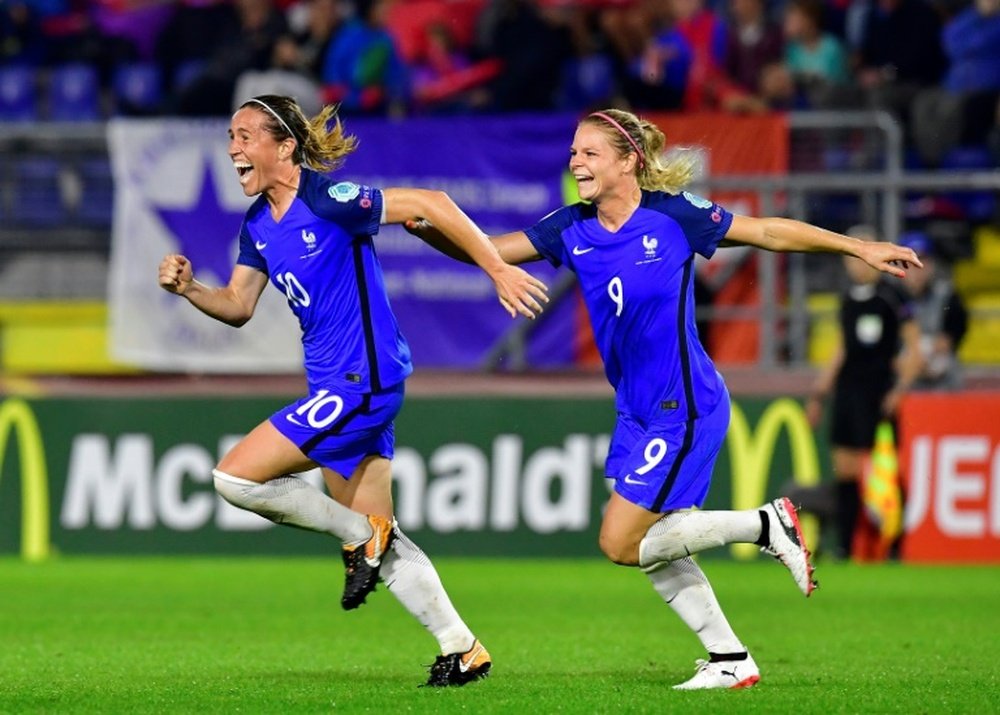Frances midfielder Abily Camille (L) reacts after scoring during the UEFA Womens Euro 2017. AFP