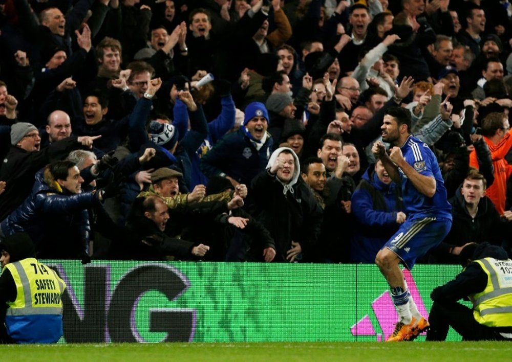 Chelseas Diego Costa celebrates after scoring during an English Premier League football match against Manchester United at Stamford Bridge in London on February 7, 2016