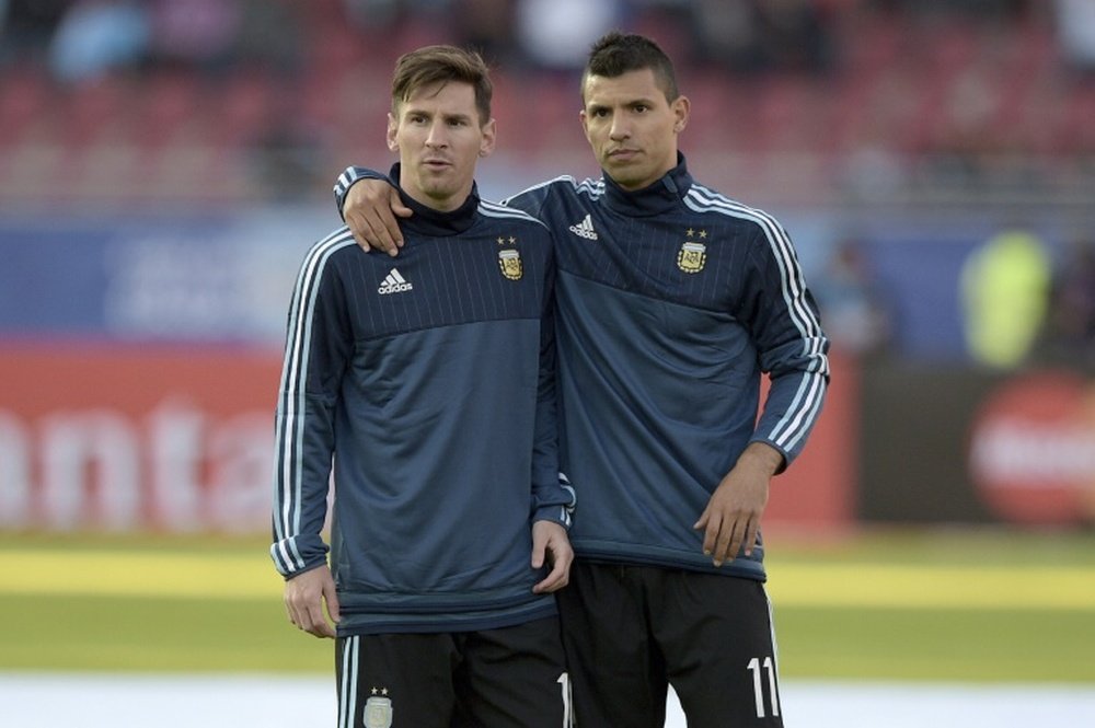 Argentina forwards Lionel Messi (L) and Sergio Aguero before the start of the 2015 Copa America, in Chile on June 13, 2015