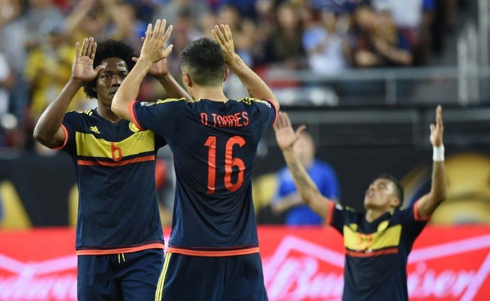 Colombia celebrate after defeating the USA 2-0 during the Copa America Centenario in Santa Clara, California