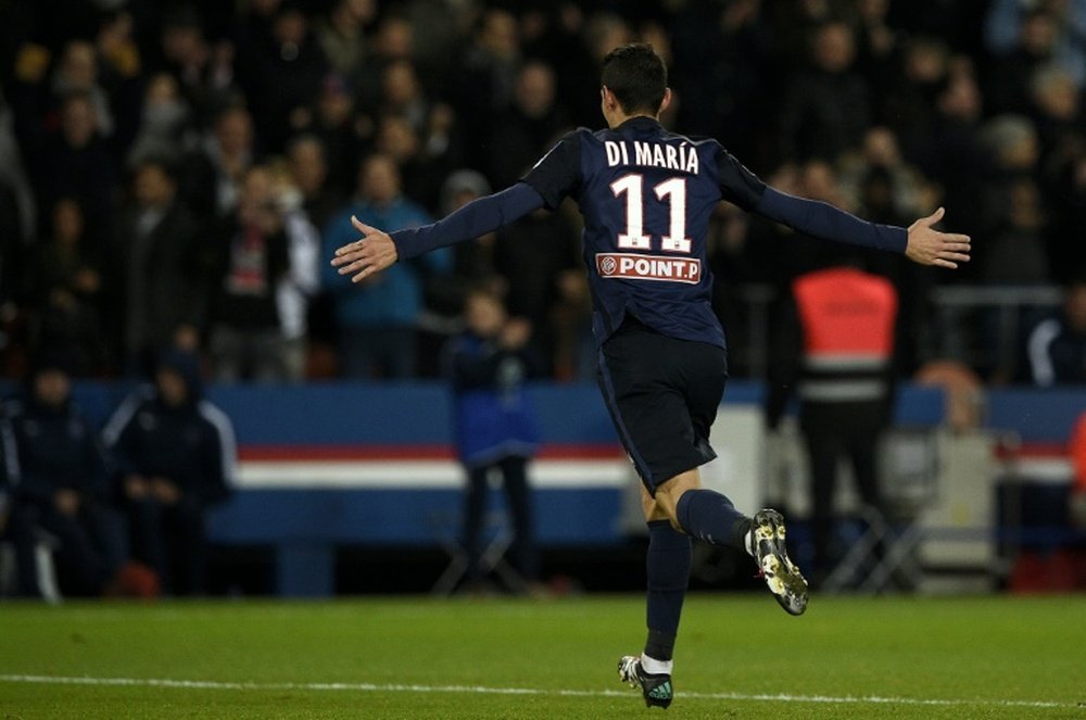 Paris Saint-Germains forward Angel Di Maria celebrates his goal during a French League Cup football match against Toulouse on January 27, 2016 at the Parc des Princes stadium in Paris