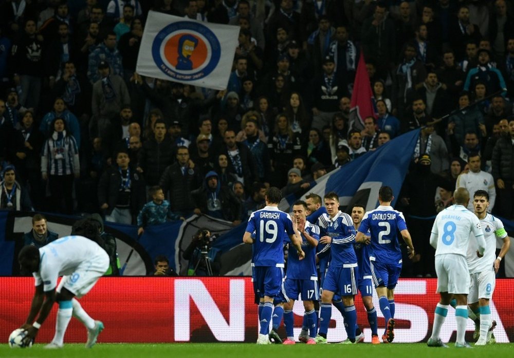 Dynamo Kiev players celebrate a goal during their UEFA Champions League match against Porto in Portugal on November 24, 2015