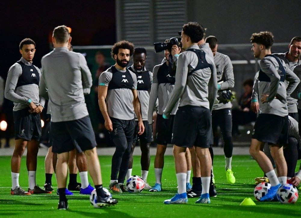 Mohamed Salah (C) at a Liverpool training session in Doha ahead of the FIFA Club World Cup