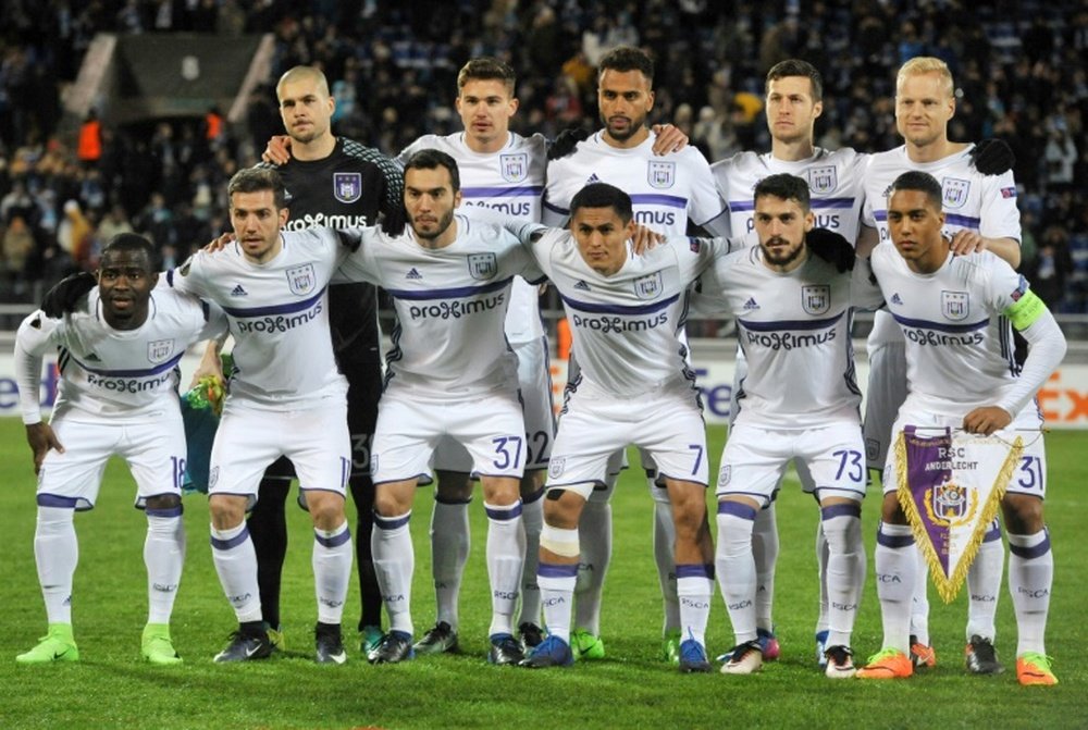 Anderlechts players pose before their Europa League football match. AFP