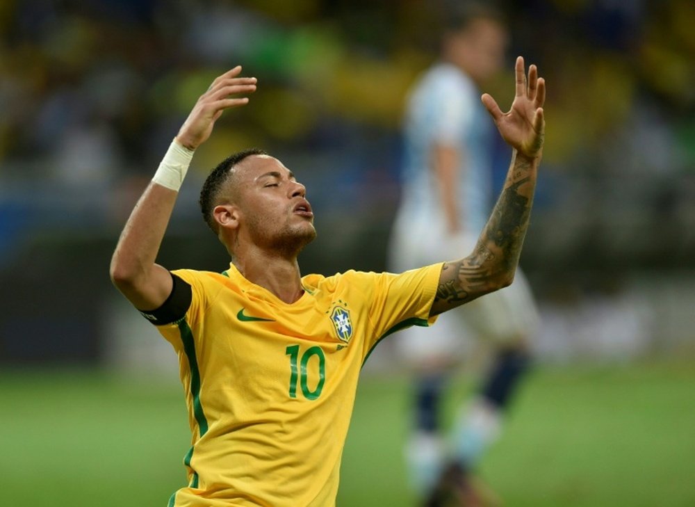 Brazils Neymar celebrates after defeating Argentina 3-0 in their 2018 FIFA World Cup qualifier football match in Belo Horizonte, Brazil, on November 10, 2016
