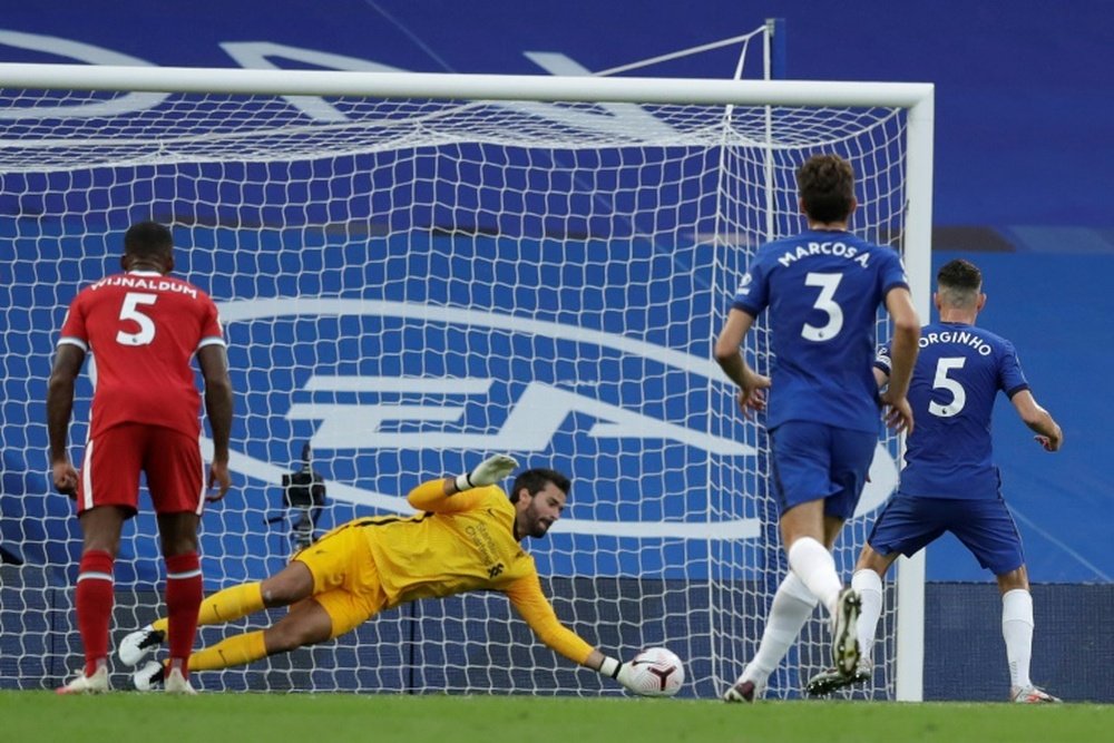 Liverpool's Alisson Becker saved Jorginho's penalty. AFP