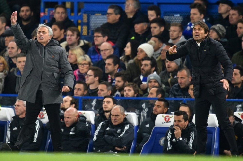 Manchester United manager Jose Mourinho (L) and Chelsea head coach Antonio Conte. AFP