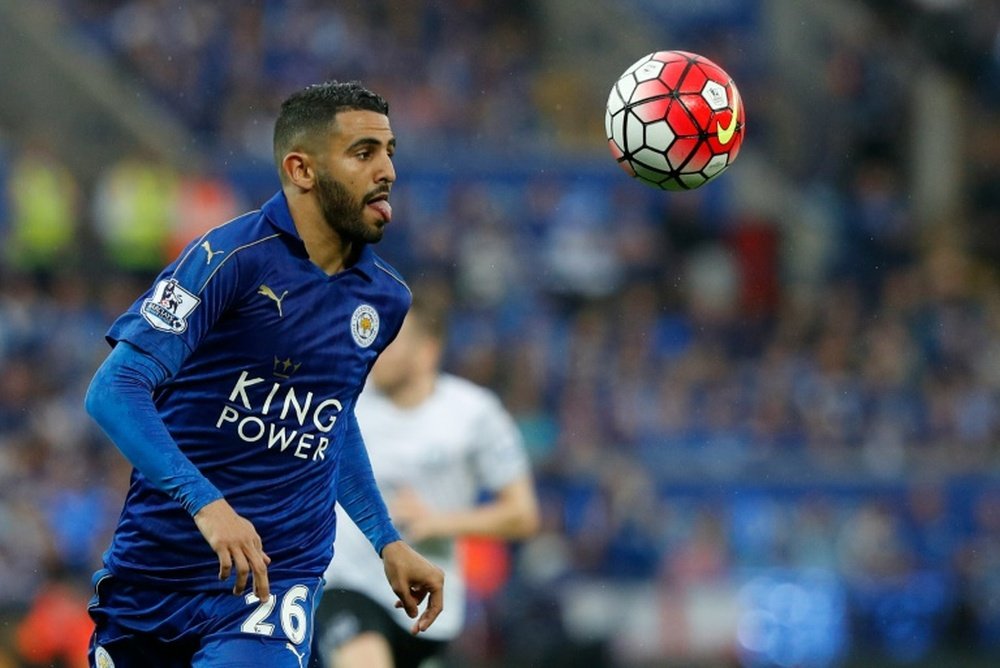 Leicester Citys Algerian midfielder Riyad Mahrez watches the ball during the English Premier League football match between Leicester City and Everton at King Power Stadium in Leicester, central England on May 7, 2016