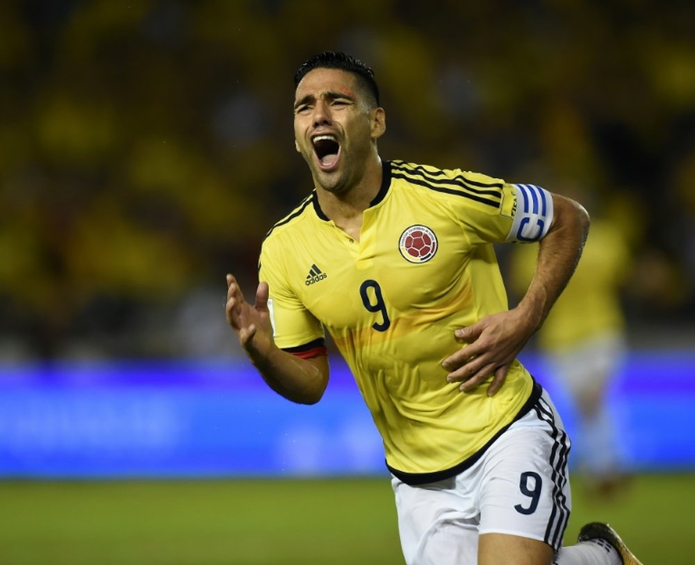 Colombia's Radamel Falcao celebrates after scoring a goal against Paraguay during their 2018 World Cup qualifier match, in Barranquilla, Colombia, on October 5, 2017
