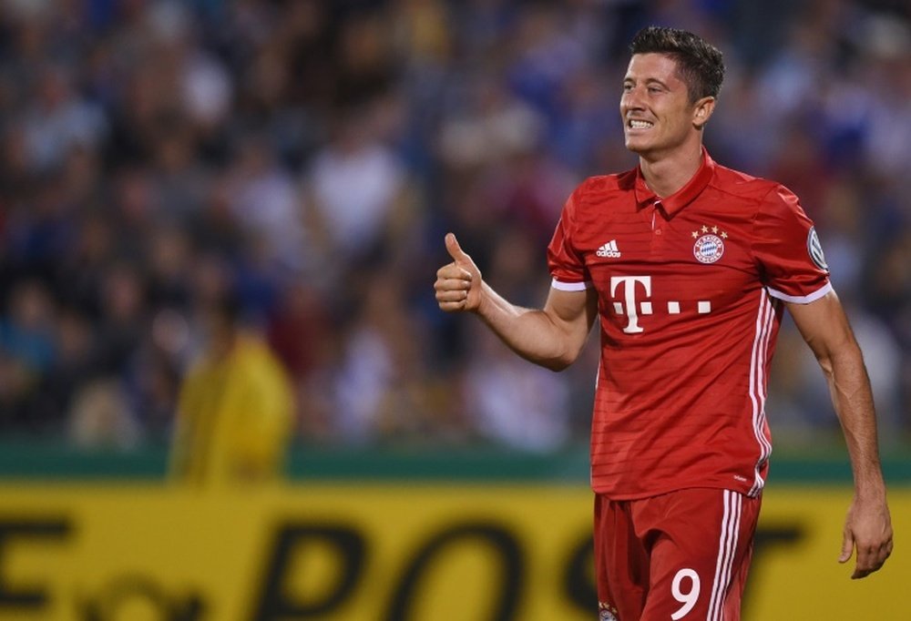 Bayern Munichs Polish striker Robert Lewandowski, pictured on August 19, 2016, put Bayern ahead after just three minutes at fourth-division club Jena, ending the match with a hat-trick