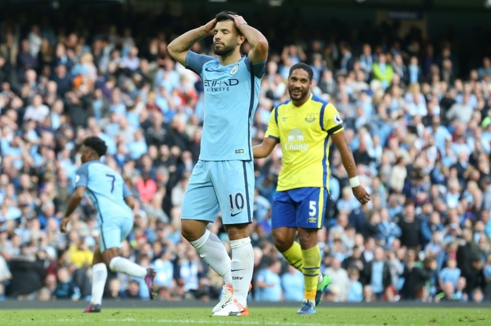 Sergio Aguero reacts after missing a penalty in the 1-1 draw against Everton. AFP