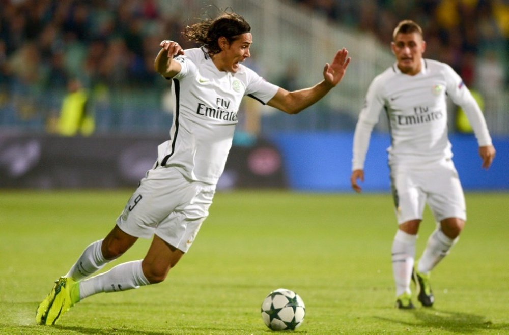 Edinson Cavani falls during the Champions League match between Ludogorets and PSG. AFP