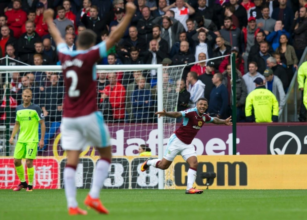 Gray celebrates his goal against Liverpool on Saturday. AFP