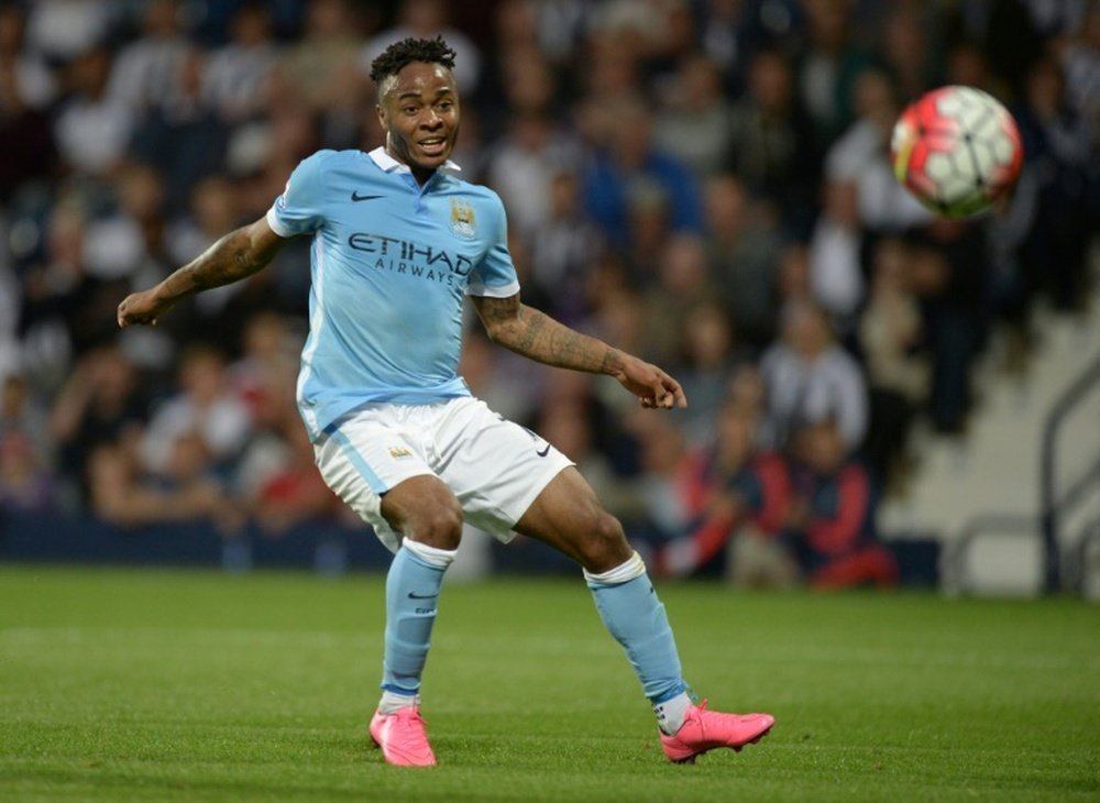 Manchester Citys midfielder Raheem Sterling shoots during an English Premier League football match against West Bromwich Albion at The Hawthorns in West Bromwich, central England, on August 10, 2015