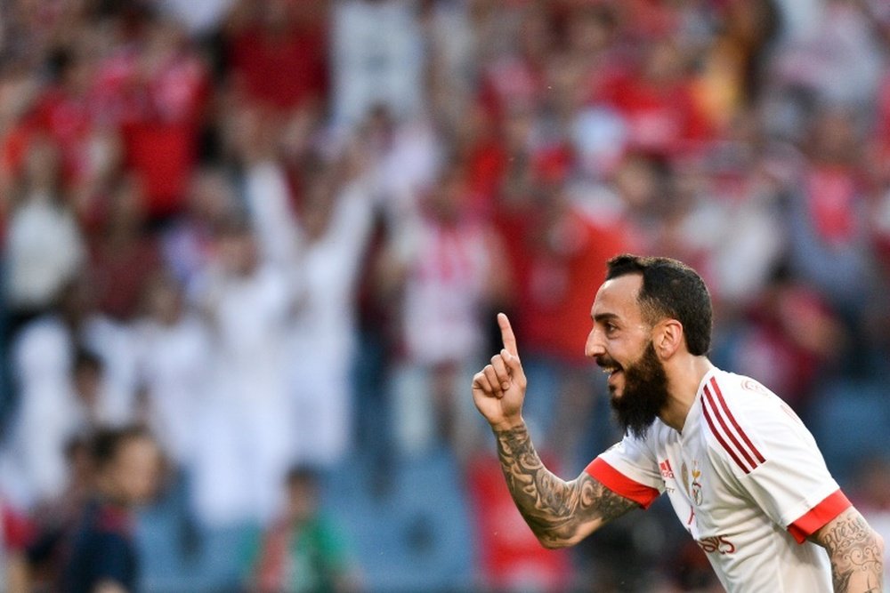 Benficas forward Kostas Mitroglou celebrates a goal during the Portuguese League Cup final against Maritimo in Coimbra on May 20, 2016