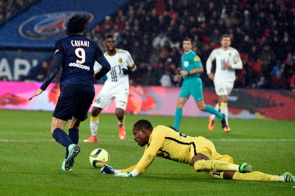Paris Saint-Germain forward Edinson Cavani (L) vies for the ball with Lilles goalkeeper Vincent Enyeama on February 13, 2016