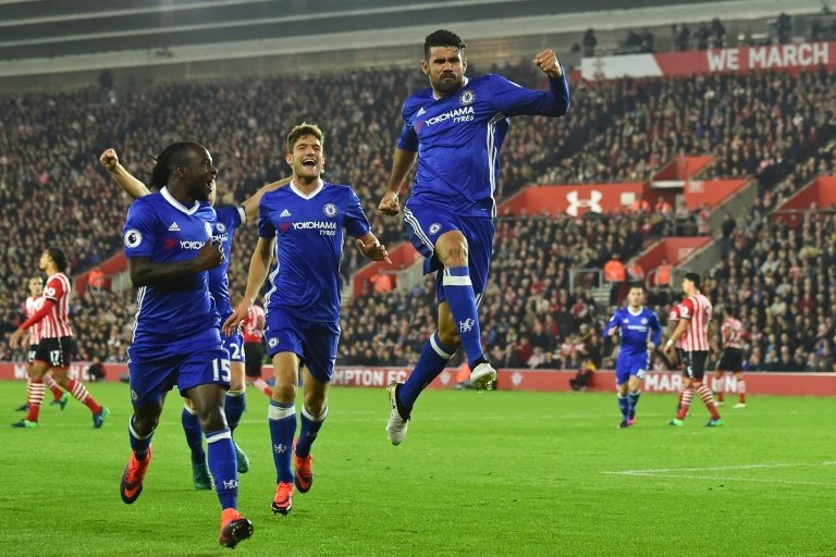 Diego Costa celebrating his goal against Southampton. AFP